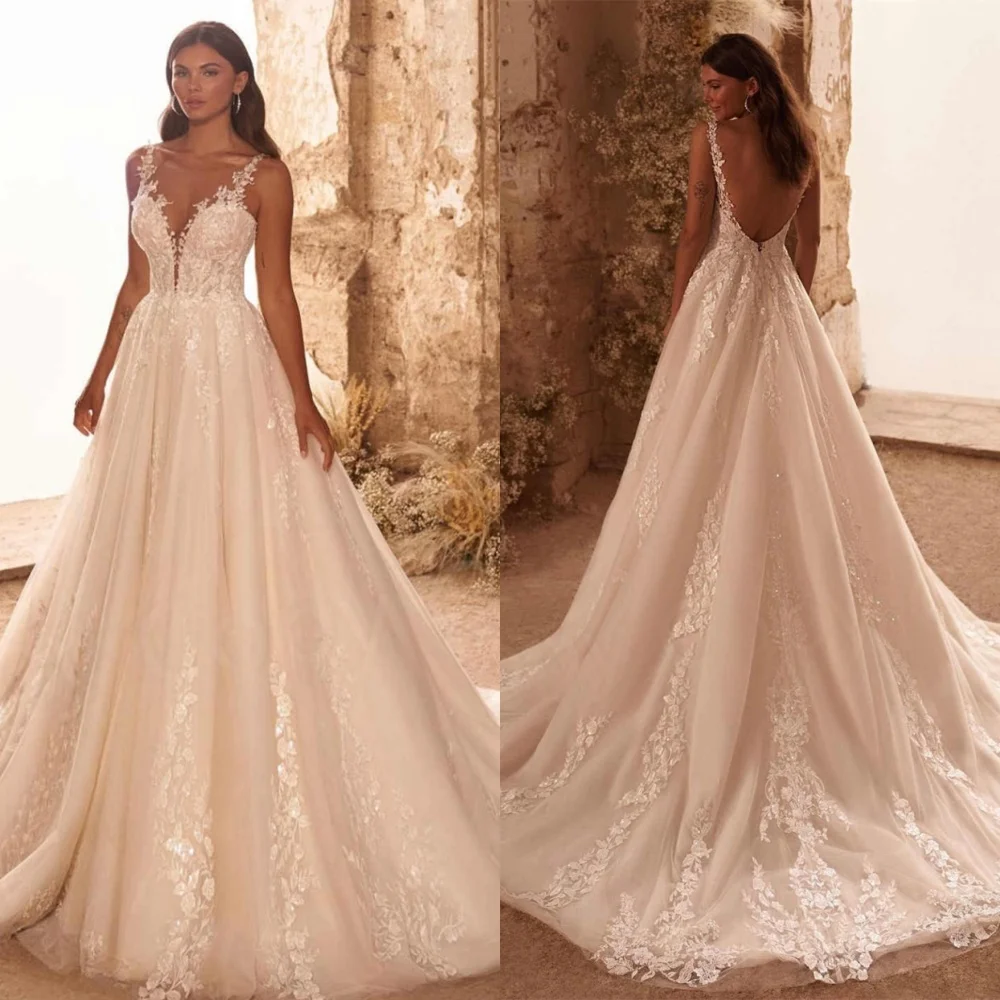 

Customized Temperament White Tulle Wedding Dress High Quality Scoop Cap Sleeve Bridal Gowns Chapel Train Open Back Dress