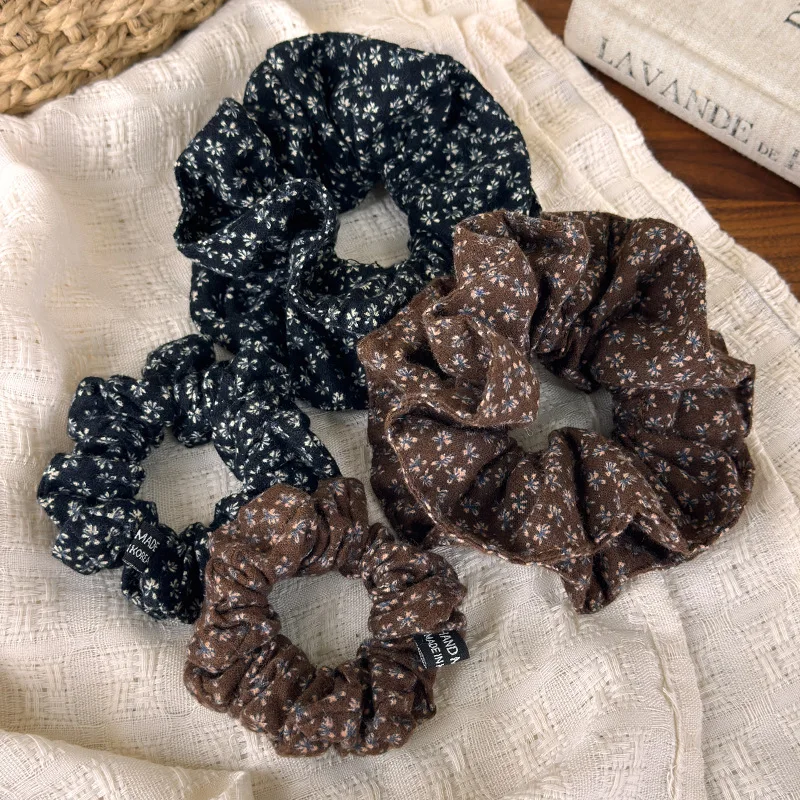 Autumn Winter Floral Scrunchie Velvet Hair Tie Soft Fabric Ponytail Holder for Women