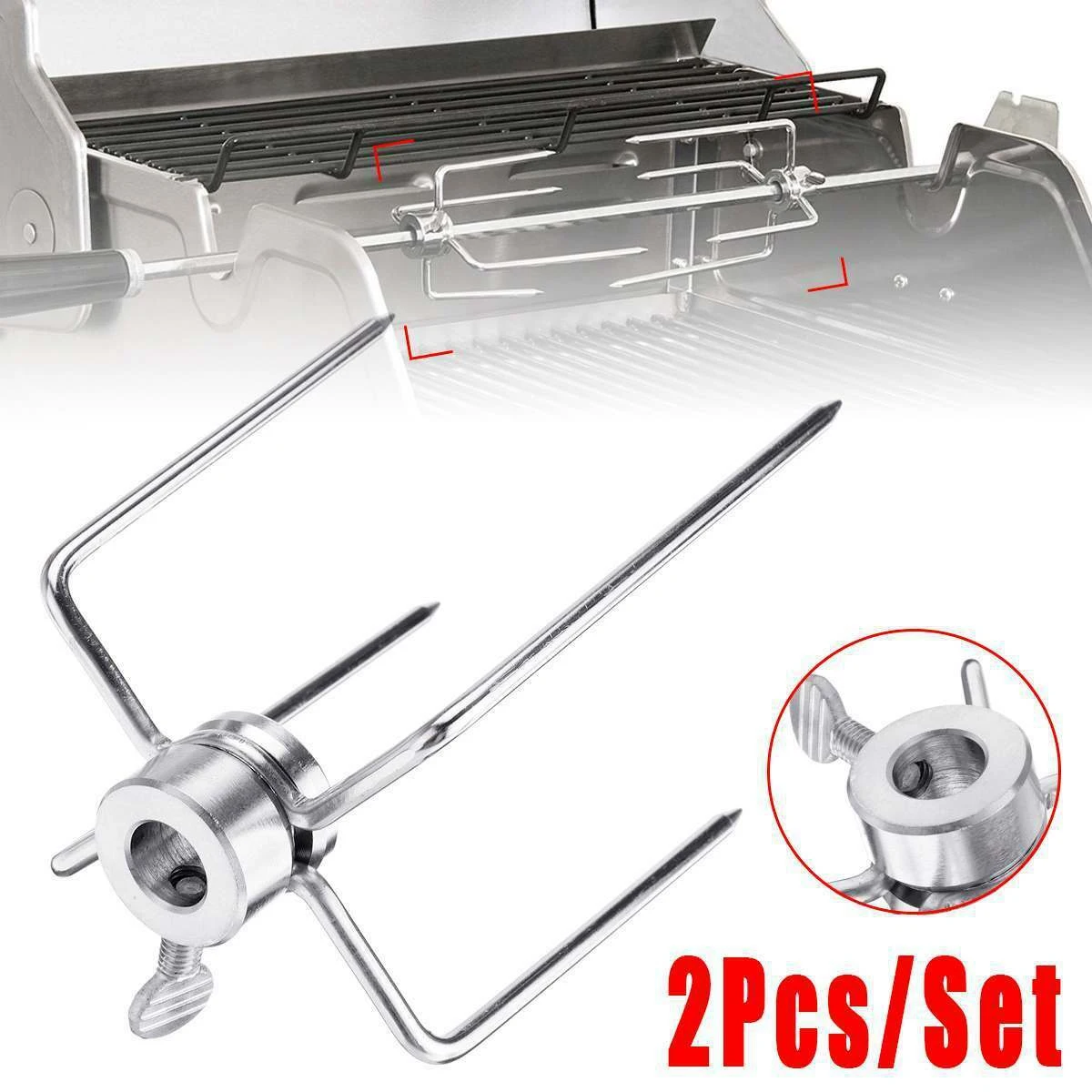 2Pcs BBQ Rotisserie Meat Forks Clamp Grill Meatpicks Stainless Steel Barbecue Skewer