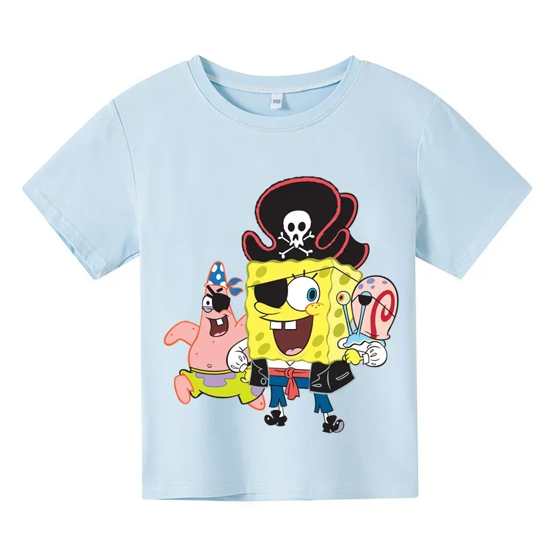 2024 Kids Fashion Summer Cotton T-shirt Cartoon SpongeBob Squarepants Kids Short sleeve Sweatshirt boys girls top