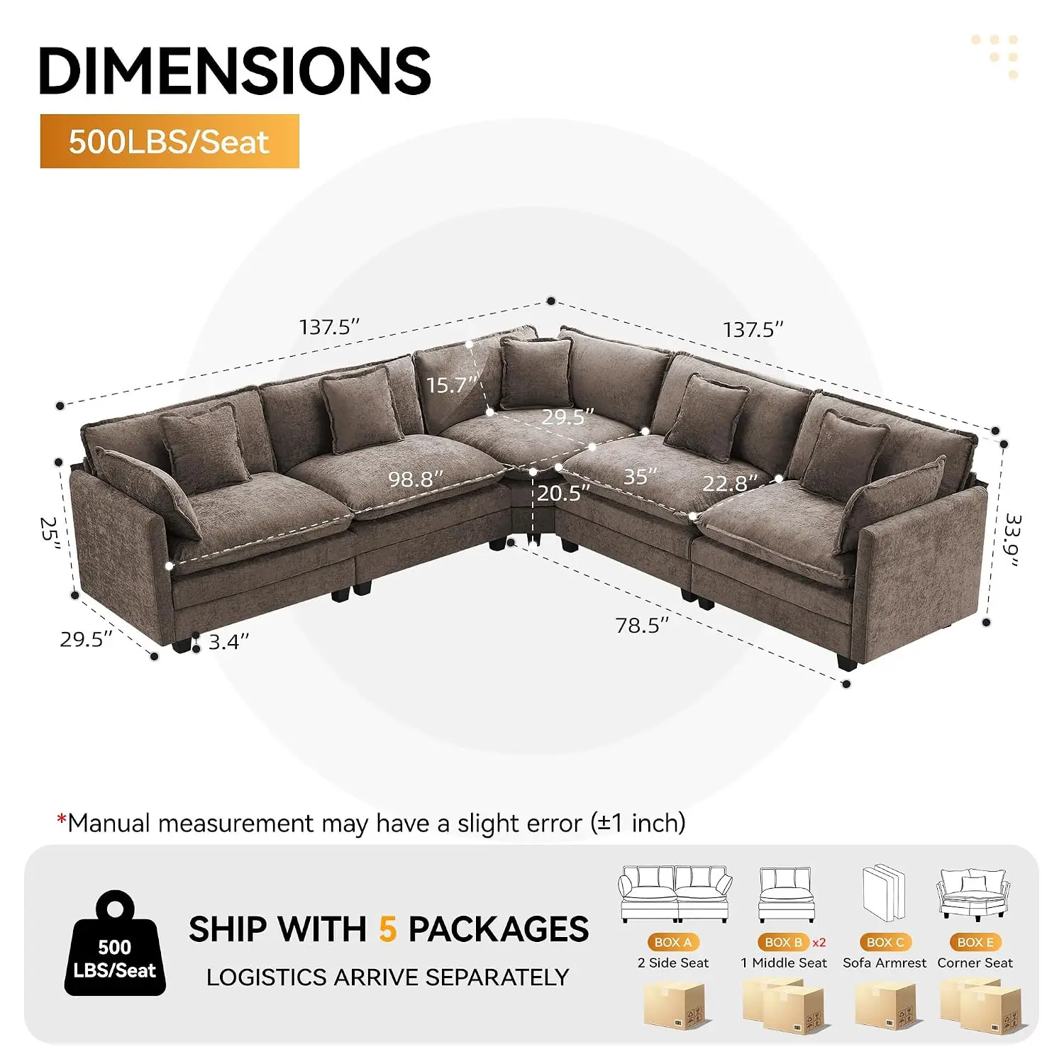 113'' V Shaped Cloud Sectional Sofa, Oversized Deep Seat Couches for Living Room, Chenille Comfy Upholstered, Customized