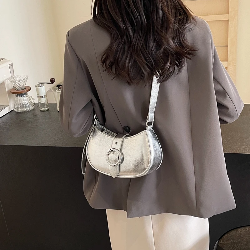 Silver Shoulder Bags For Women 2024 Summer Y2K Small PU Leather Luxury Brand Females Handbags And Purses Crossbody Saddle Bag