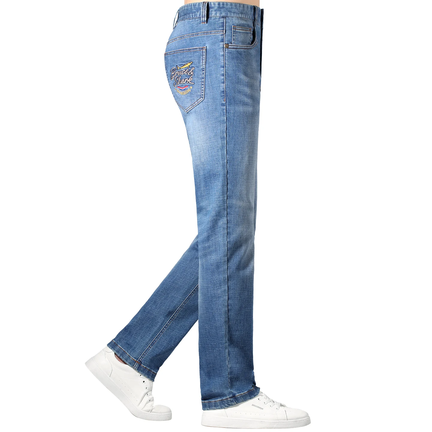 Jeans Biru Pria Klasik, Celana Katun Tebal Elastis Musim Gugur Terbaru, Jeans Denim Pria Bruce&Shark Model Lurus Pinggang Sedang, Ukuran Besar 42