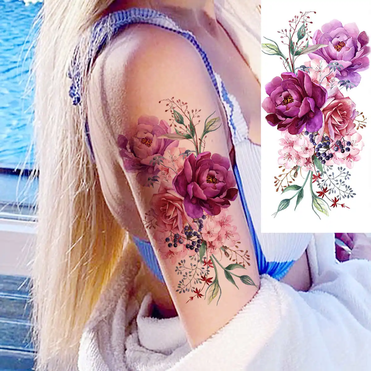 Tatuajes temporales de flores de peonía para mujeres adultas, tatuaje falso de mariposa 3D, pegatina de tatuajes florales de acuarela realista, 10