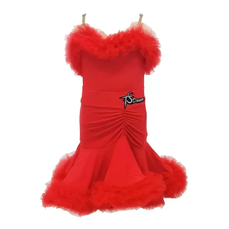Traje de baile latino de rendimiento estándar nacional de competición para niñas, mono de gasa con tirantes finos y faldas oscilantes