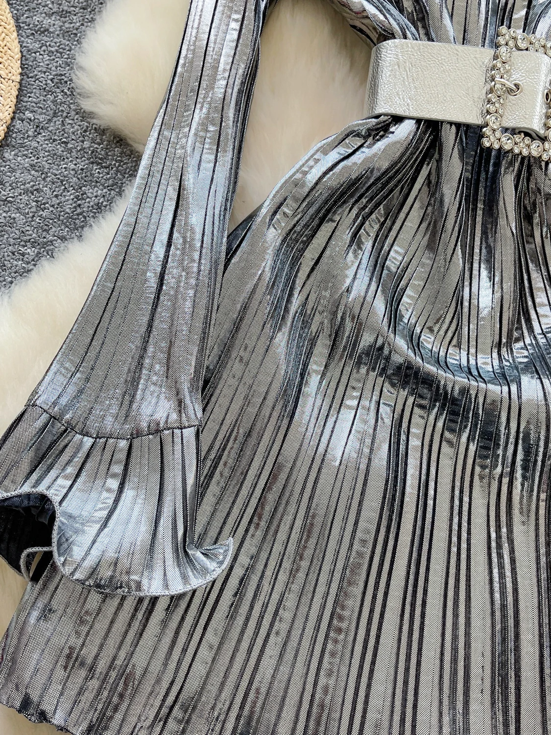 Mini robe de soirée argentée pour femmes, Vintage, élégante, col rond, manches longues, avec ceinture, frocs une pièce, vêtements d'automne, Y2k