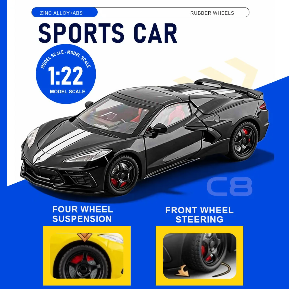 

Масштабная модель спортивного автомобиля C8 Z4 1:22, металлическая, литая под давлением, с открывающимися дверями, звуком и светом, поворотными передними колесами, откатным механизмом, суперкар, украшение