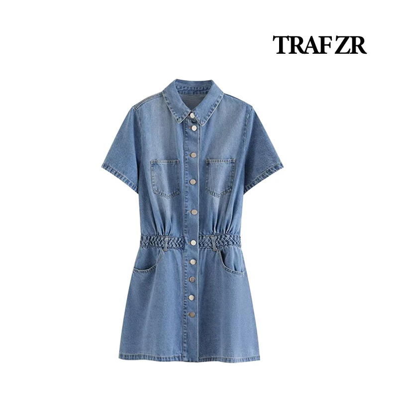 TRAF ZR Mini Denim Shirt Dress for Women Collared Mutli-Pockets Short Sleeves Metal Buttons Jean Dresses Casual Summer Outfit