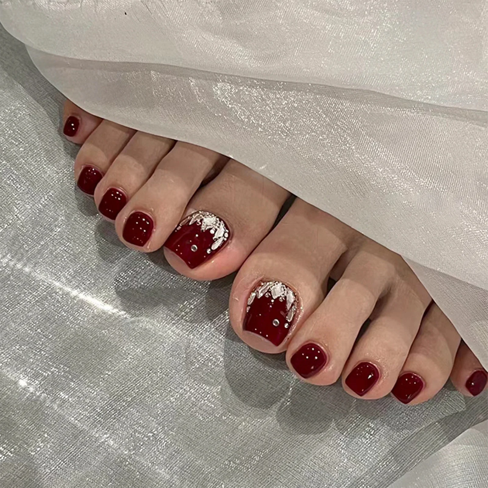 False Toenails for Gel Art Wine Red False Toenails with Rhinestones for Women Decoration Toe Nail Art