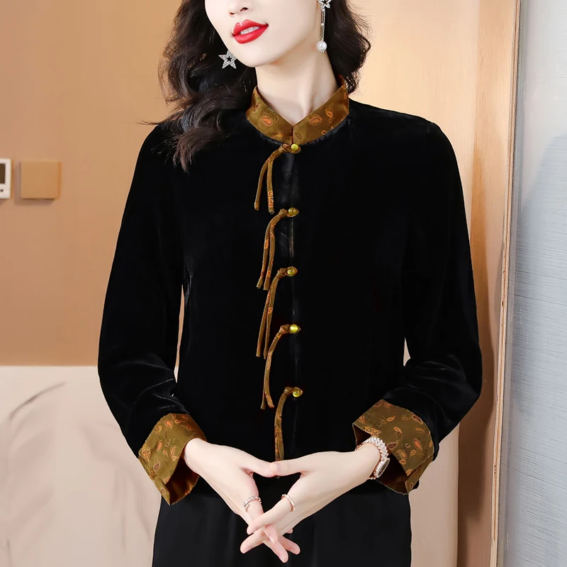 2023 Autumn and Winter New Silk Velvet Long sleeved Top Women\'s Chinese Style Retro Pan Button Standing Collar Tang Suit Jacket