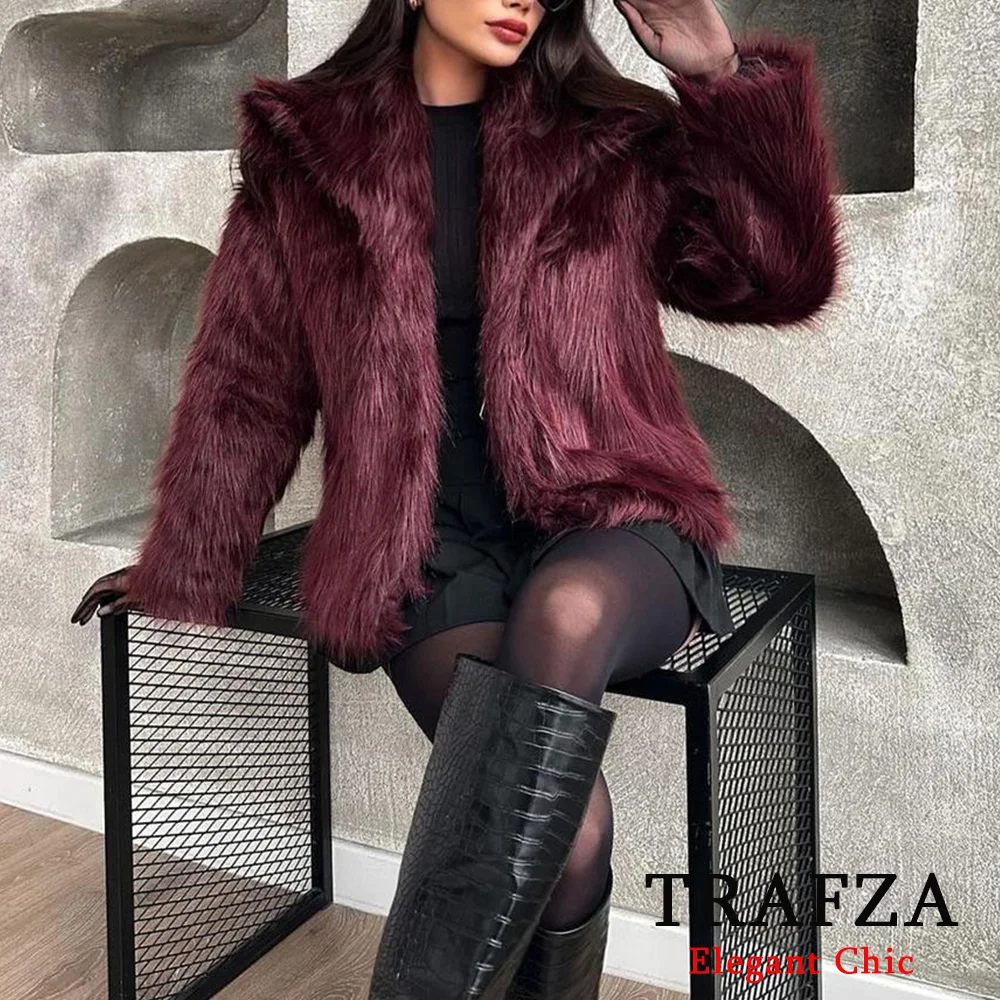 TRAFZA-Women Winter Ancora Red Solid Faux Fur Coat Jacket Big Lapel Coat New 2024 Autumn Winter Fashion Slouchy Burgundy Coat