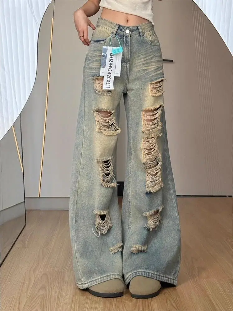 American Retro Distressed Straight Jeans Women's Summer New Trendy Loose Drape Straight Wide Leg Pants