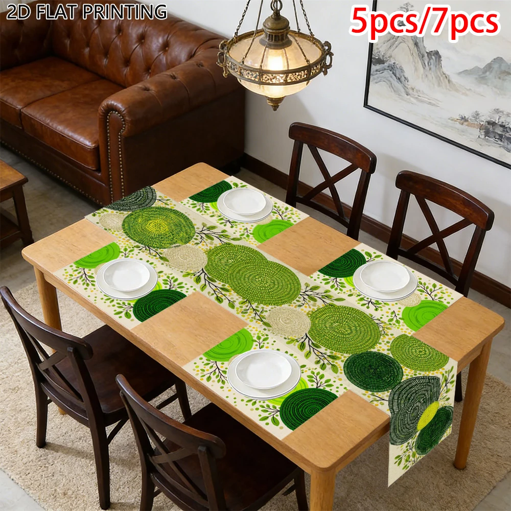 1pc Fresh Green Round Leaf Branch Theme Table Runner and Placemat For Farmhouse Meal Household Decor