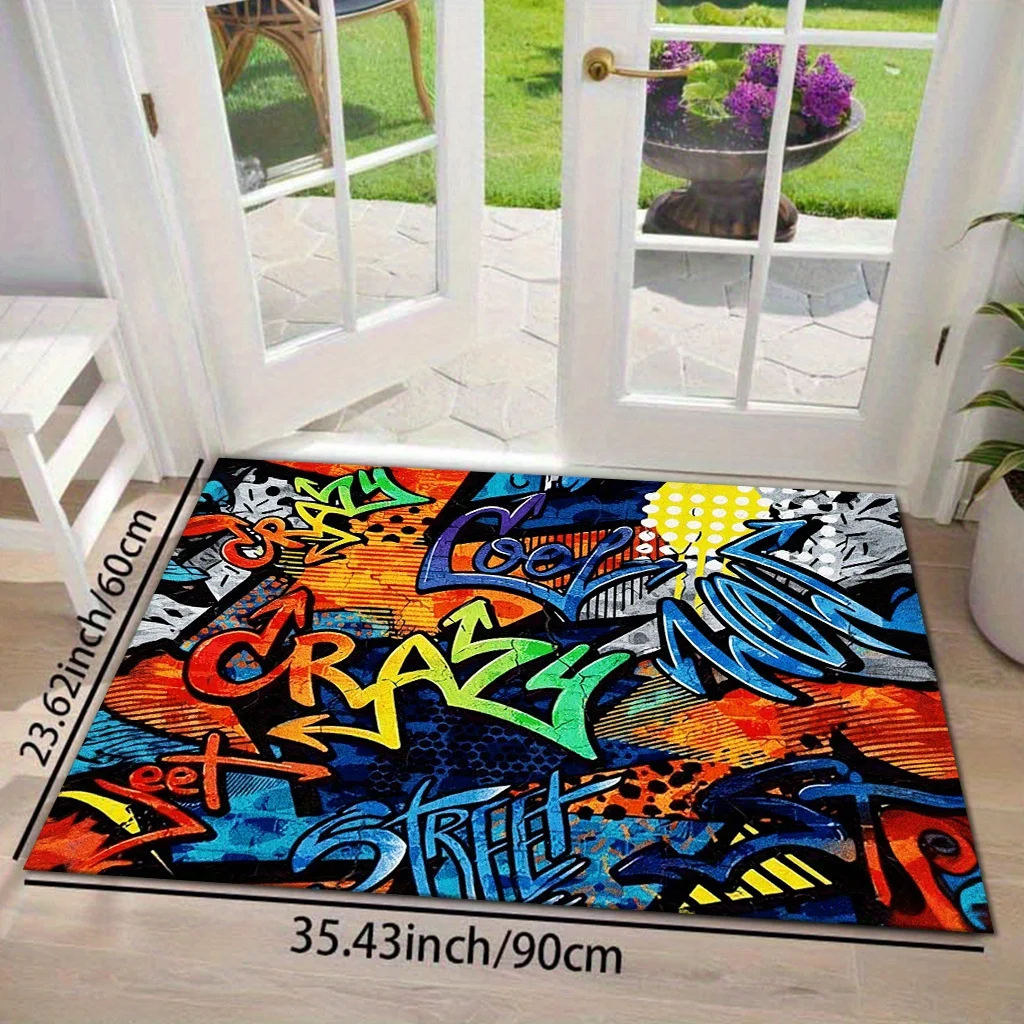 Graffiti Street Art Doormat, Colorful Urban Spray Paint Rug, Hip Hop Floor Mat, Non-Slip Entryway Carpet, Man Cave Decor
