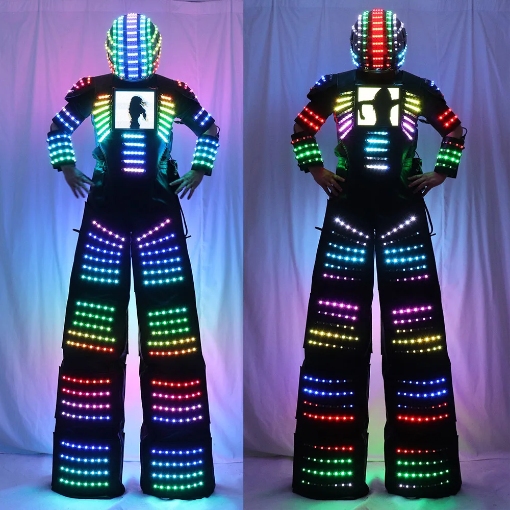 

Stilt Walker Luminous LED Robot Costume David Guetta Style Robot Suit With Chest Pixel Display Screen Laser Gloves Helmet For Pa