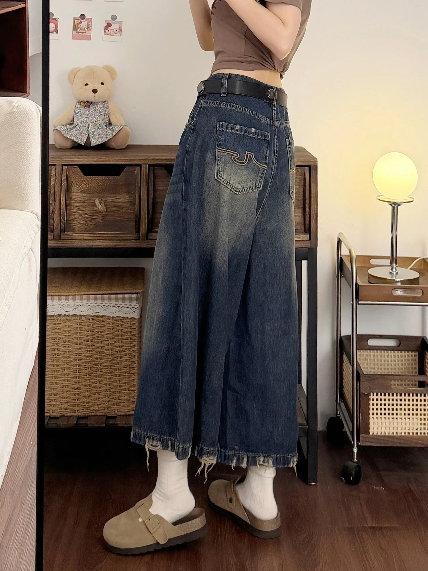 Retro American Washed Denim Seven-Quarter Shorts Women's Summer New Large Size Fat MM Wide Leg Straight Eight-Minute Middle P...