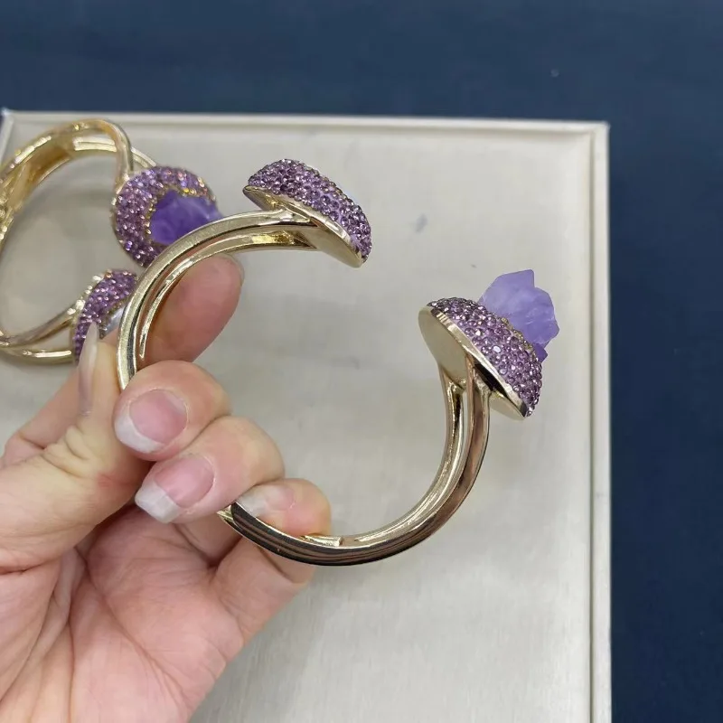 Color Retention Plated Amethyst Tourmaline Bangle, Natural Pearl Czech Rhinestone Women Bracelet