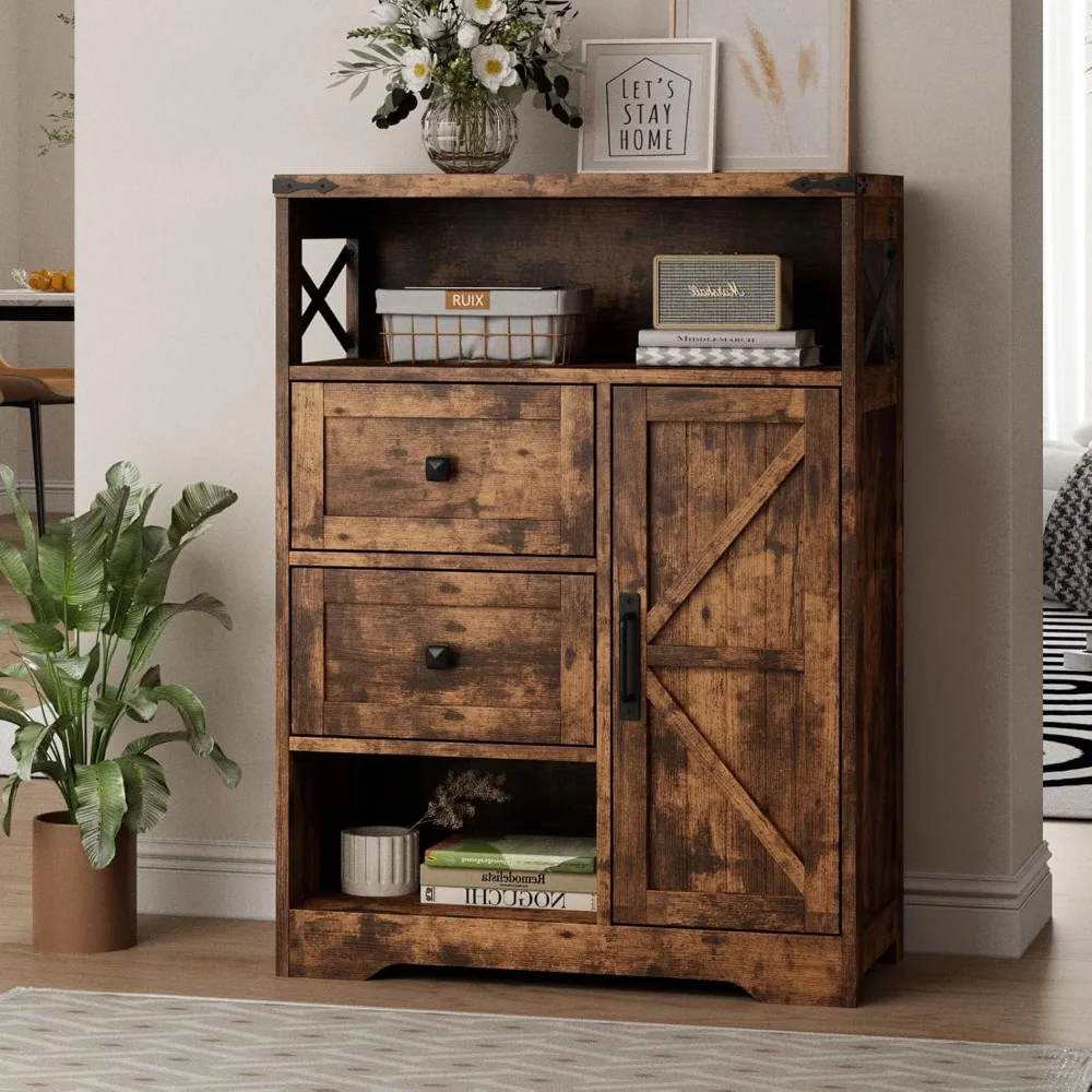 

Farmhouse Storage Cabinet with 2 Drawers &Shelves, Freestanding Storage Cabinet with Doors &Open Storage, Floor Storage Cabinet