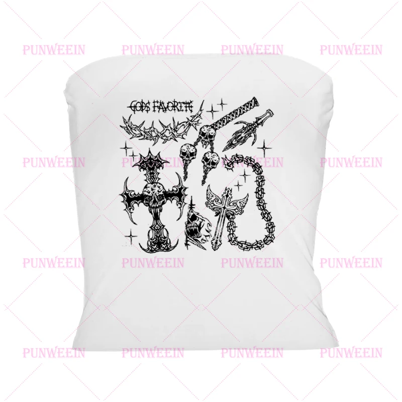 เสื้อกล้ามครอปสีขาวพิมพ์ลายกะโหลกศีรษะสไตล์วินเทจ กรันจ์ สตรีทแวร์ พังก์ ฮาราจูกุ กอธิค อีโม สำหรับสาวๆ