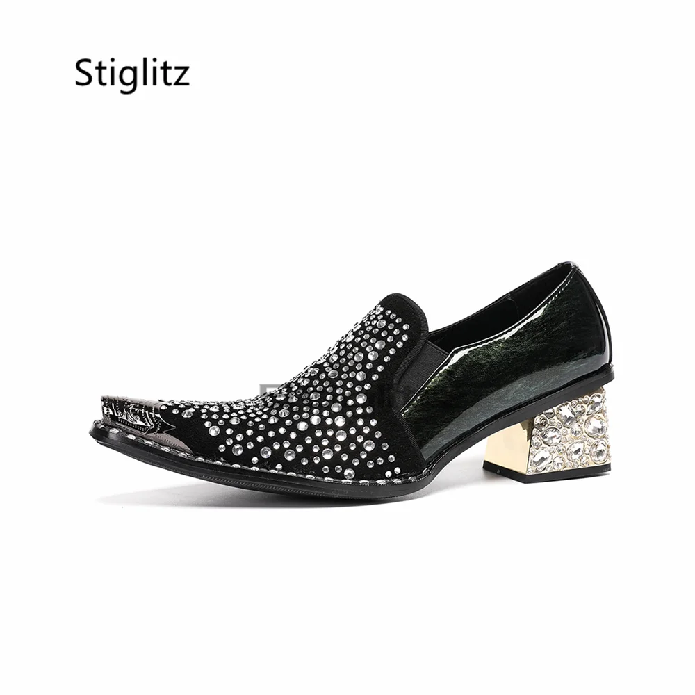 Men's Full Rhinestone Business Dress Shoes Metal Pointed Toe Diamond High Heels Slip On Luxury Fashion Party Prom Wedding Shoes