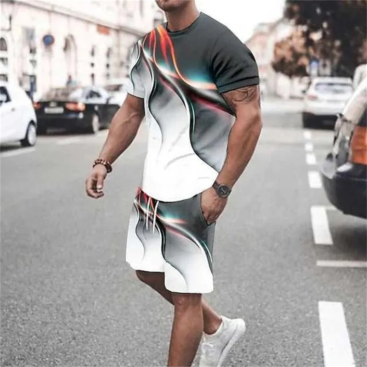 New Fashion T-shirt and Shorts Set Street Men's Clothing Men's set 3D Short Sleeve Loose Casual Colorful Line Printing suit