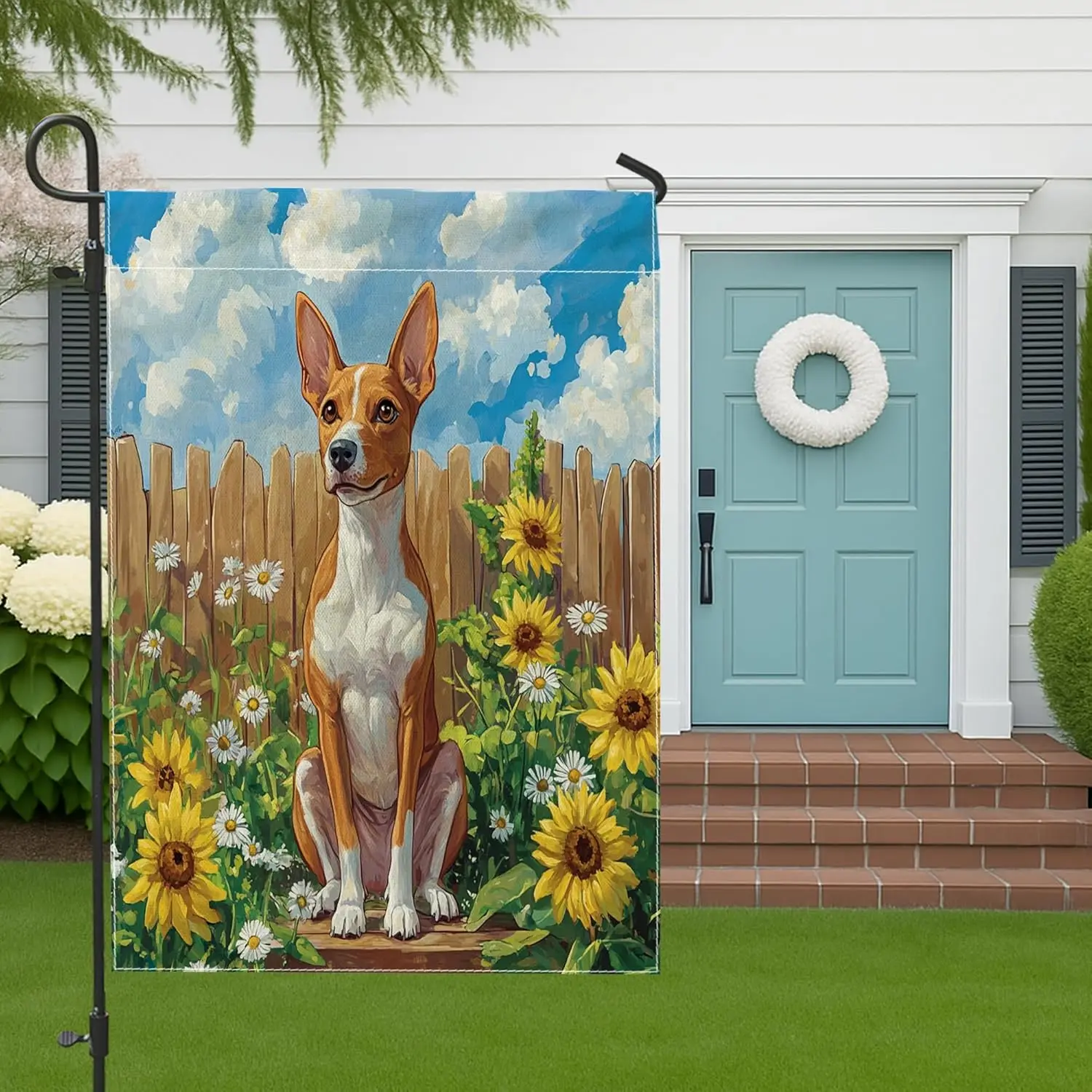 Spring Basenji Dog Garden Flags 12‘’x18’‘ Double Sided for Outside Decorative, Sunflower Fence Puppy Pattern FrontYard House AAS