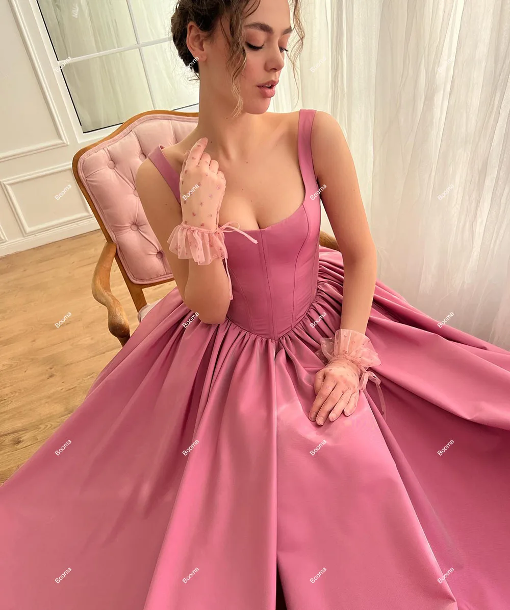 Booma Pink Taffeta A-Line Long Prom Dresses Sleeveless Pleat Graduation Party Dress High Side Slit Evening Gowns for Women