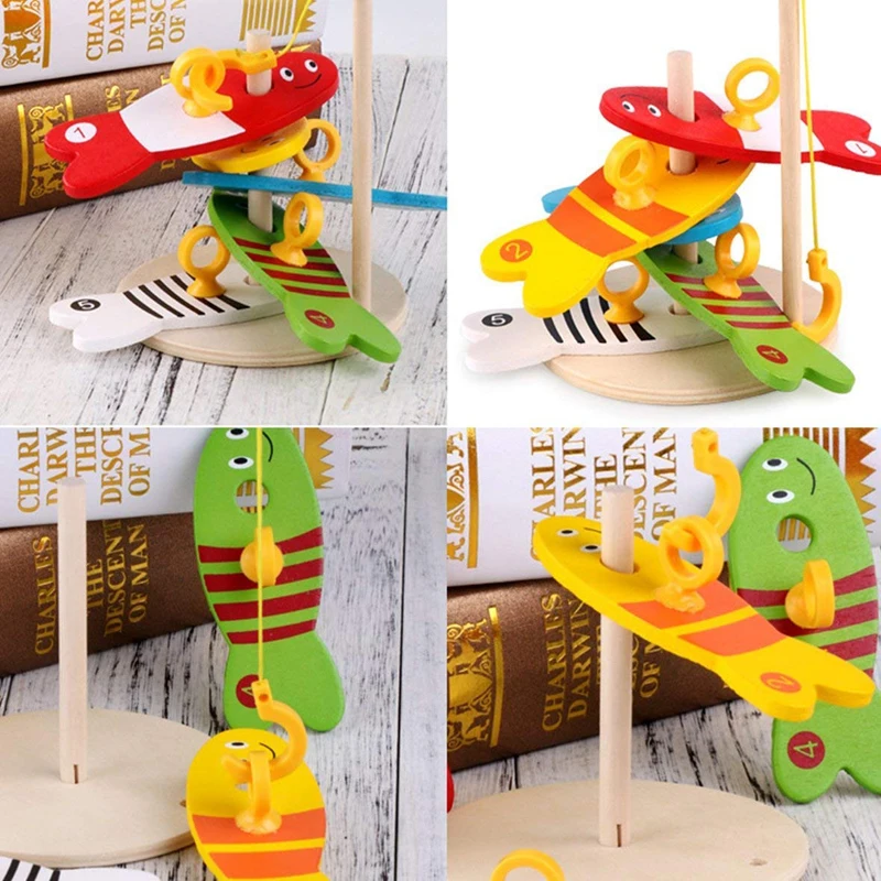 8Pcs/Set Wooden Fishing Digital Toys Baby Kids Fish Set Column Blocks Game Children Cute Early Educational Cartoon Toy