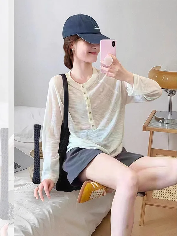 

Легкий трикотажный топ из бамбукового вискозного волокна с защитой от солнца, свободного кроя, летняя верхняя одежда, кардиган, футболка в корейском стиле