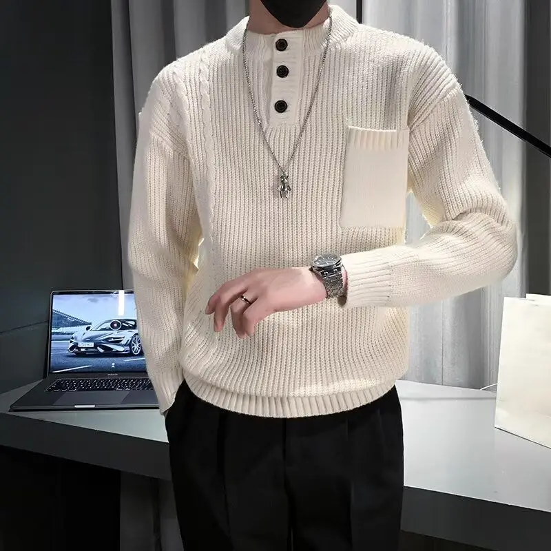 Autumn Winter New Fashion Round Neck Long Sleeve Solid Pullovers Men's Clothing All-match Button Knitting Korean Simplicity Tops