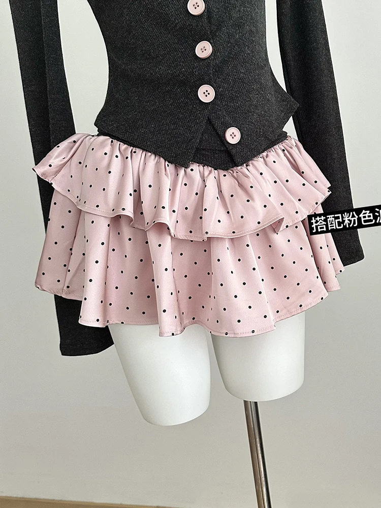 Fall Winter Women Coquette Kpop Gyaru Ballet Core Outfits 2 Piece Set Long Sleeve Tops + Mini Polka Dot Skirts Shoujo Cute Y2k