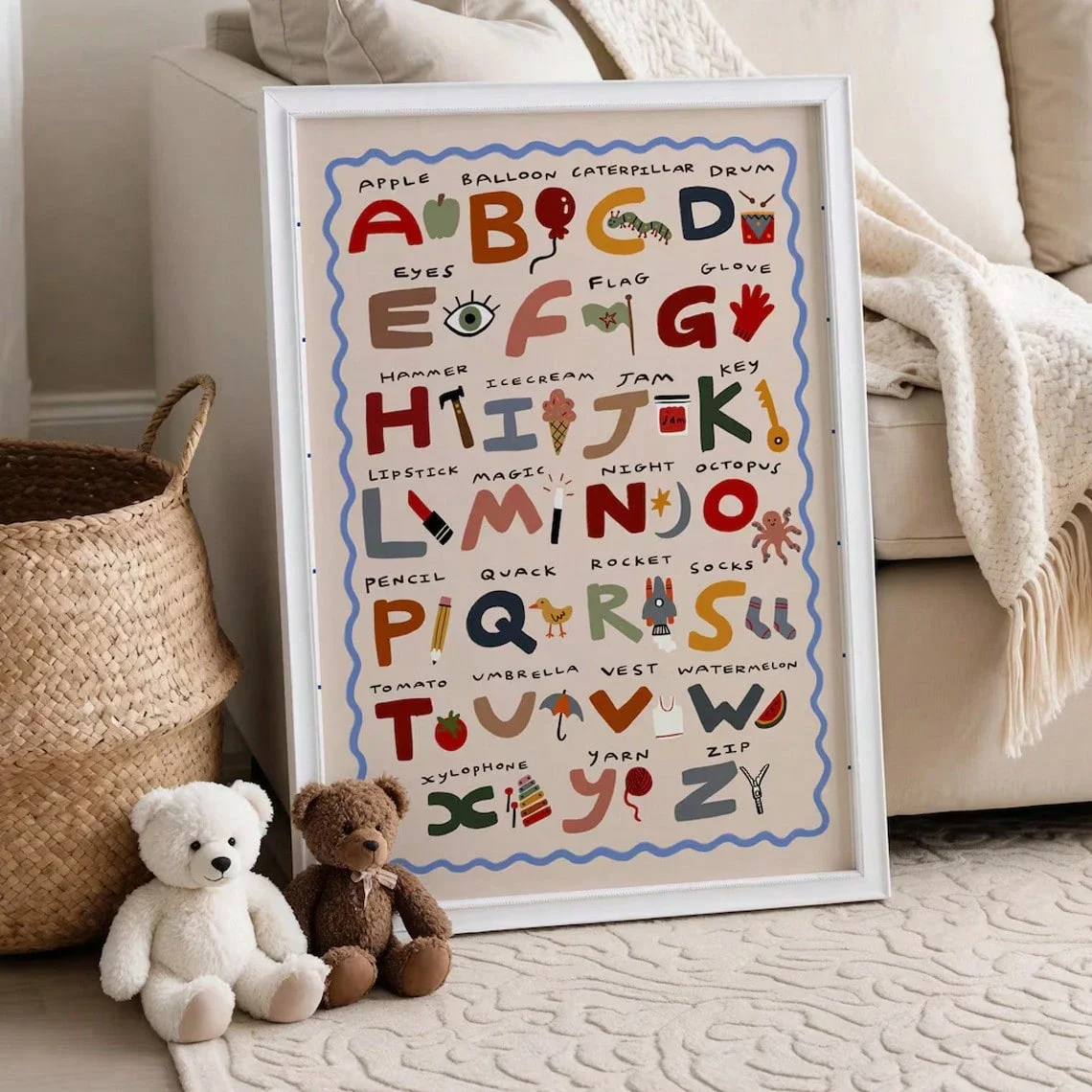1pc (No frame),Alphabet Print, First Alphabet Nursery Print, Illustration Wall Art, Nursery Wall Art, Eclectic Nursery, Kids Roo