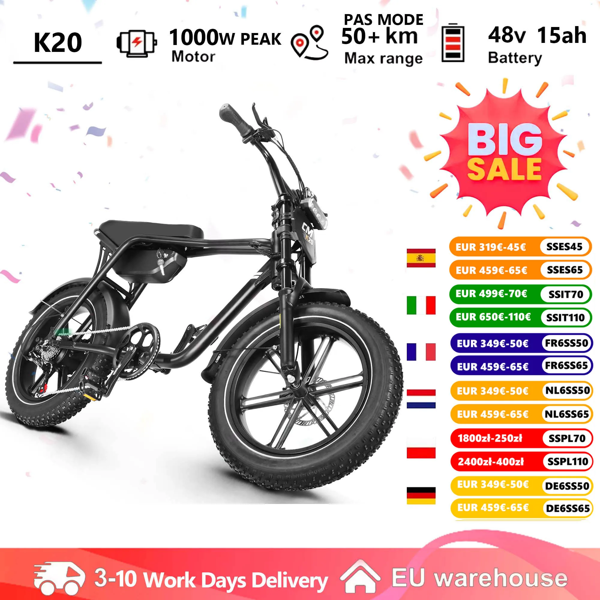 Vélo électrique 48V 15AH, batterie Step Stru, vélo électrique PEAK 1000W, VTT électrique 20 pouces, vélo électrique pour adulte, vélo électrique à pneus larges