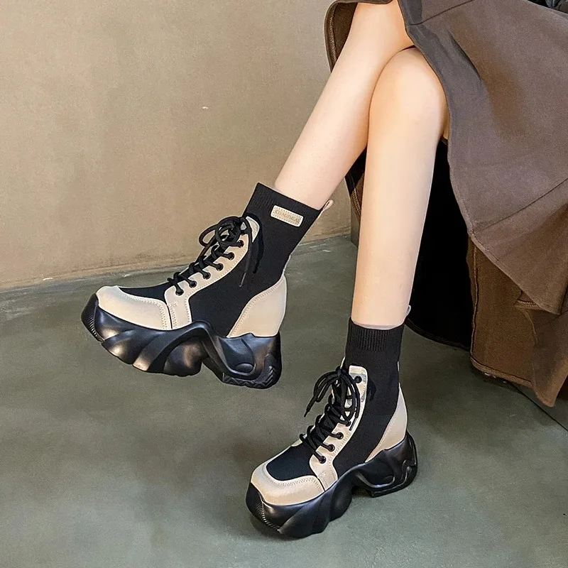 Spring Women Thick Sole Ankle Boots Autumn Luxury Platform Casual Boots Women\'s 7cm High Heels Wedge Boots Shoes Woman Sneakers