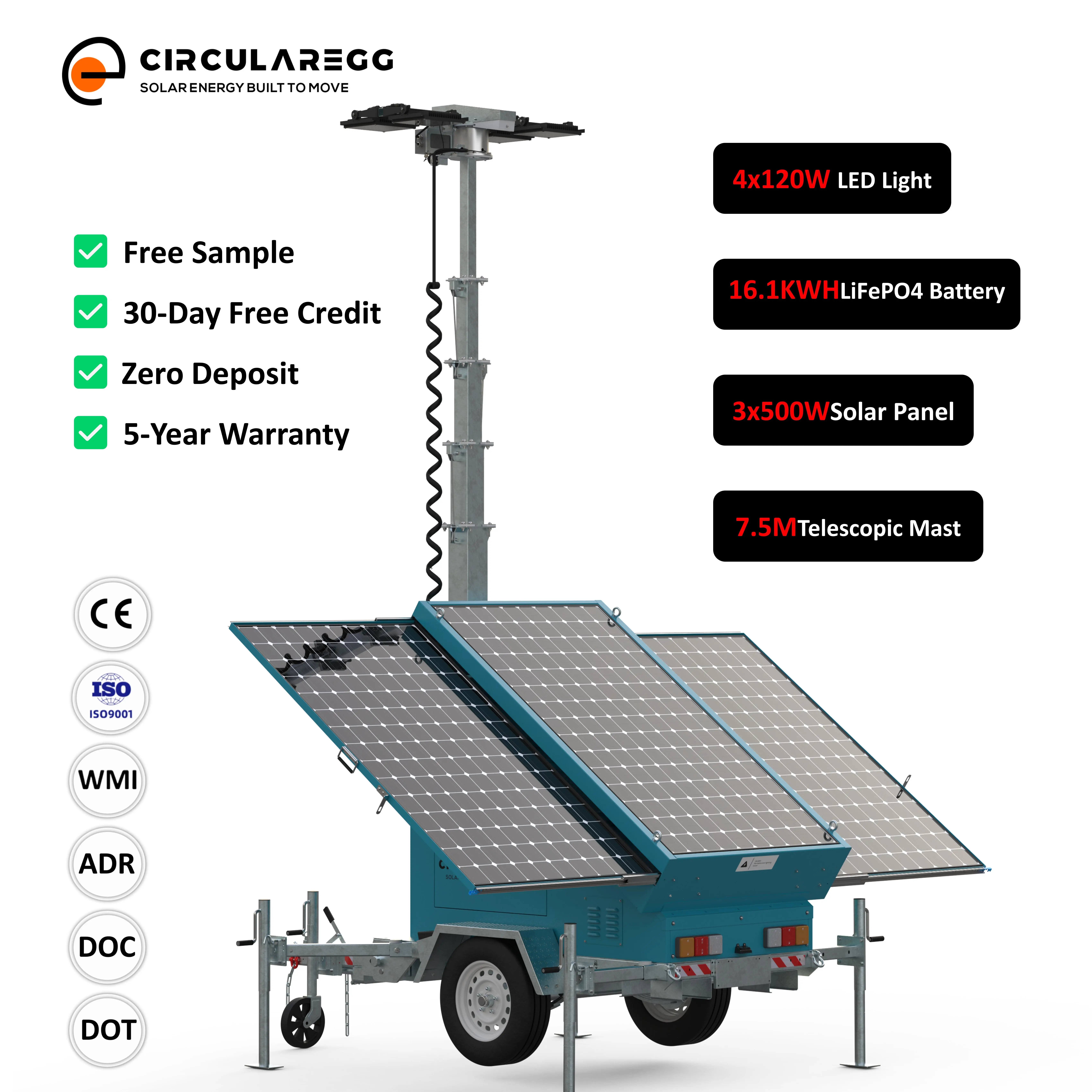 Hot-Dip Galvanizing Solar Powered MPPT Portable Light Tower 1500W Solar Panel 5-Year Warranty IP65 Rated 30 Hours Work Time