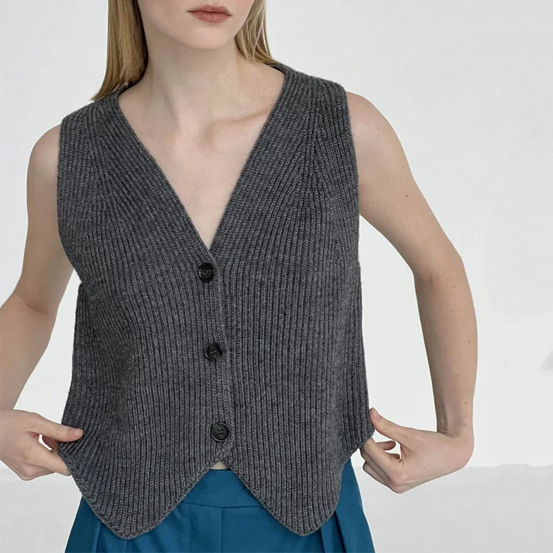 V Neck Single Breasted Knitting Vest for Women Sleeveless OL Sweater Vest Sleeveless Jumper Sweater Vest