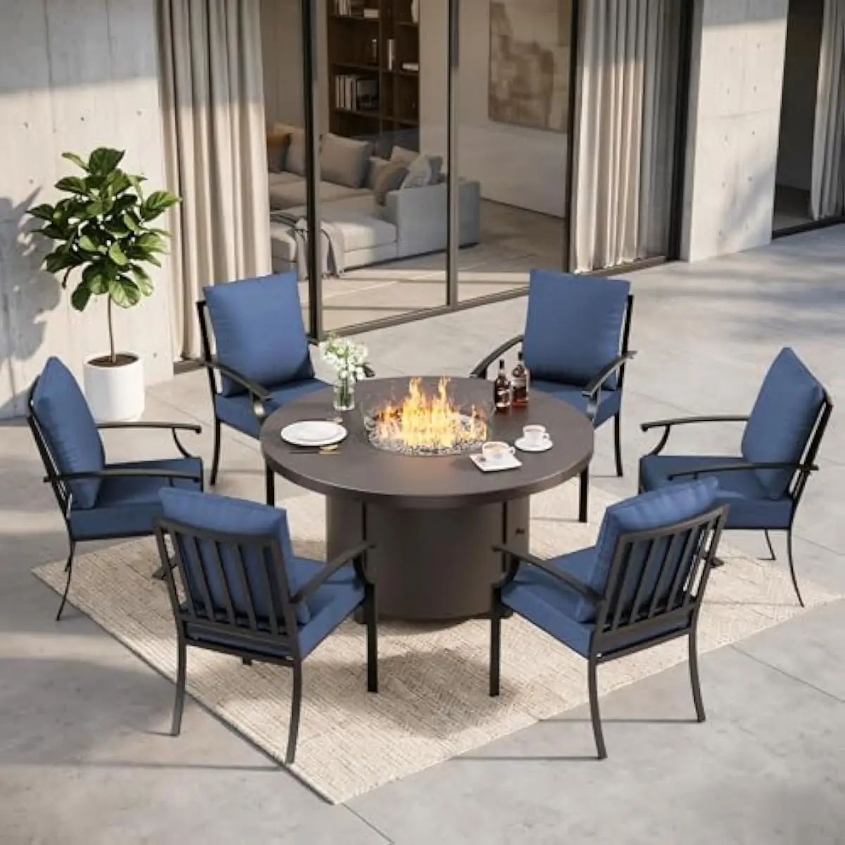 7-Piece Modern Round Patio Set Featuring Rust-Resistant Iron Frame 55000 BTU Fire Pit Table Ergonomic High-Back Chairs Thickened