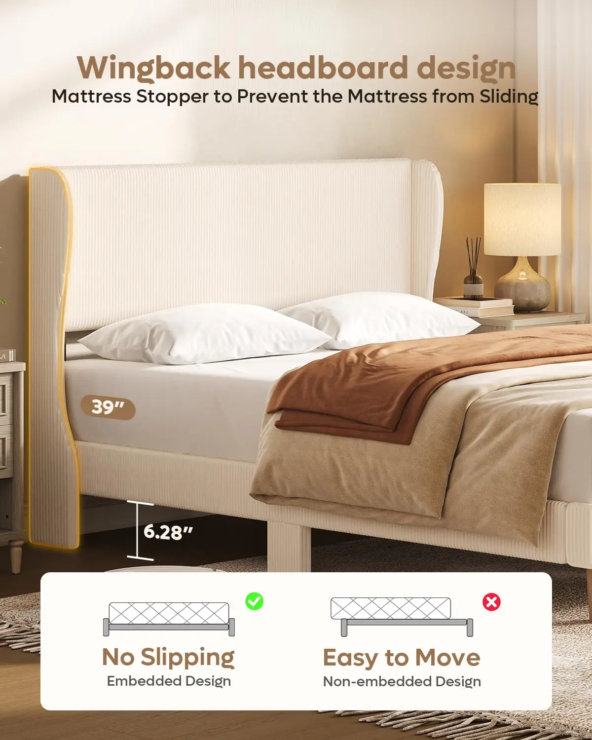 Wingback Upholstered Queen Bed Frame with Button Tufted Headboard & Wooden Slats Support, Customized