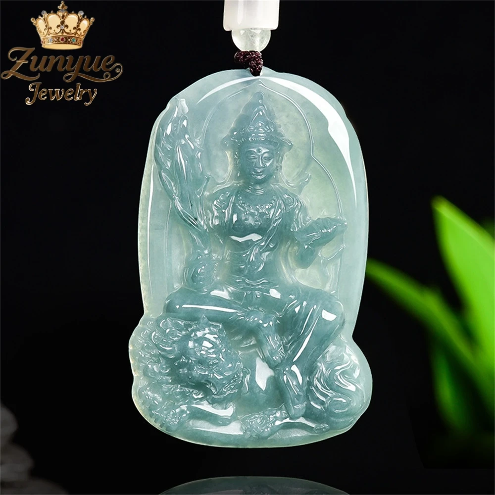 

Genuine Natural A - Grade Jadeite Blue Water Manjusri Bodhisattva Zodiac Rabbit Guardian Jade Pendant Luxury Quality Jewelry Cha