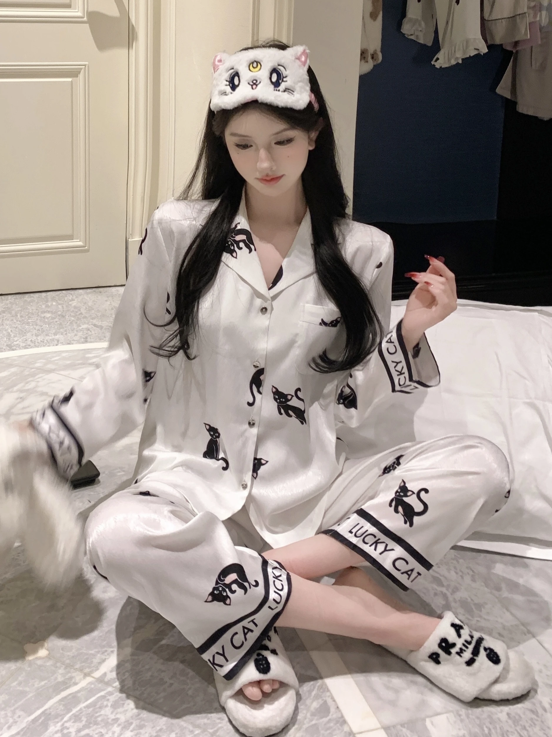 Sweet Ice Silk Long Sleeve Sleepwear Women's Home Clothes  Pattern Cotton Fabric Spring Summer Casual Style 2pcs Set