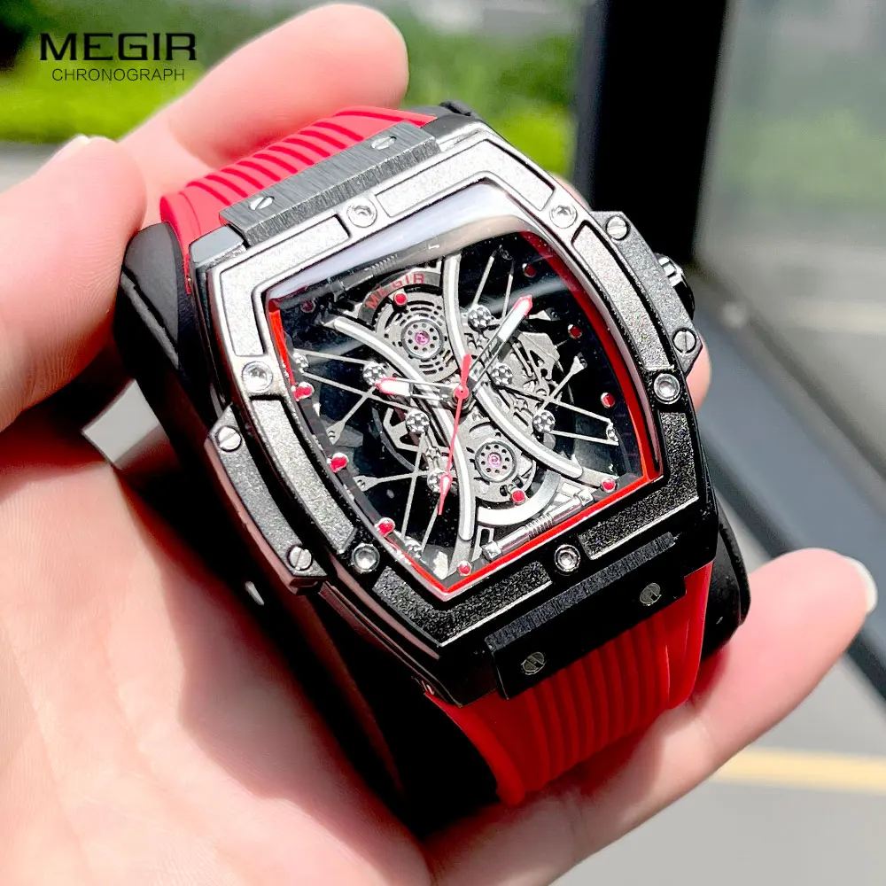 MEGIR Military Sport Red Watch Men Waterproof Analog Quartz Wristwatch with Tonneau Dial Luminous Hands Silicone Strap 8109