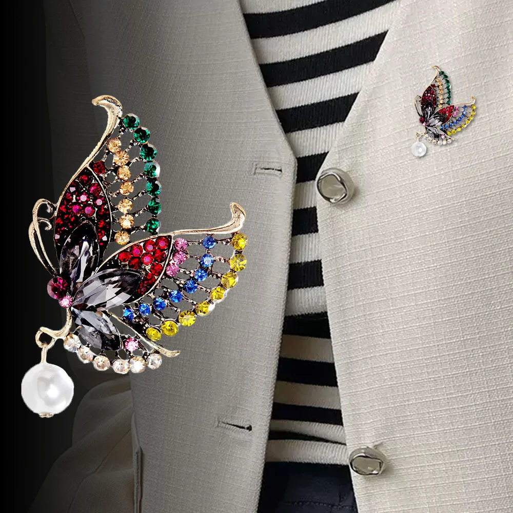 

Vintage Colored Rhinestone Butterfly Pearl Pendant Brooch, Fashionable Women's Clothing Decoration Brooch