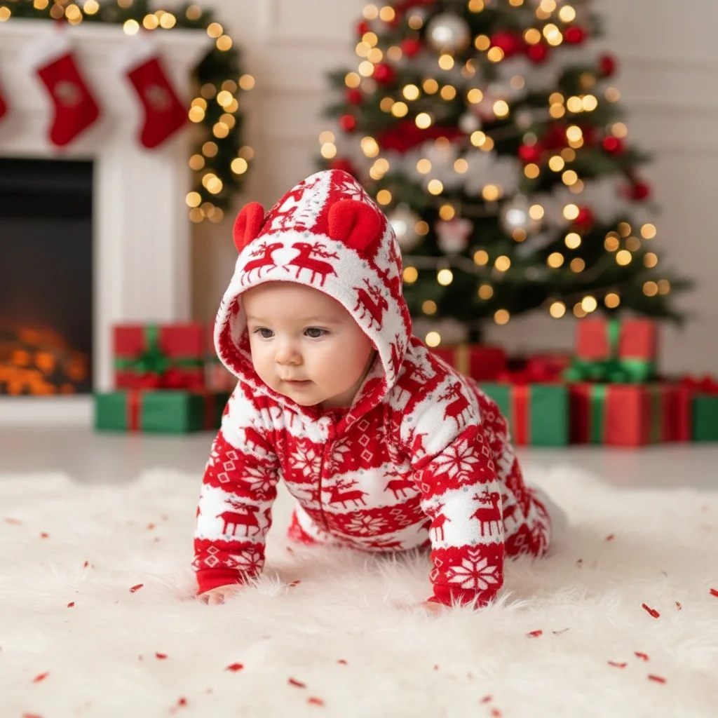 

Christmas Romper Newborn Infant Baby Boys Festival Comfortable And Warm Bodysuit Long Sleeved Cute Cartoon Printed Bodysuit