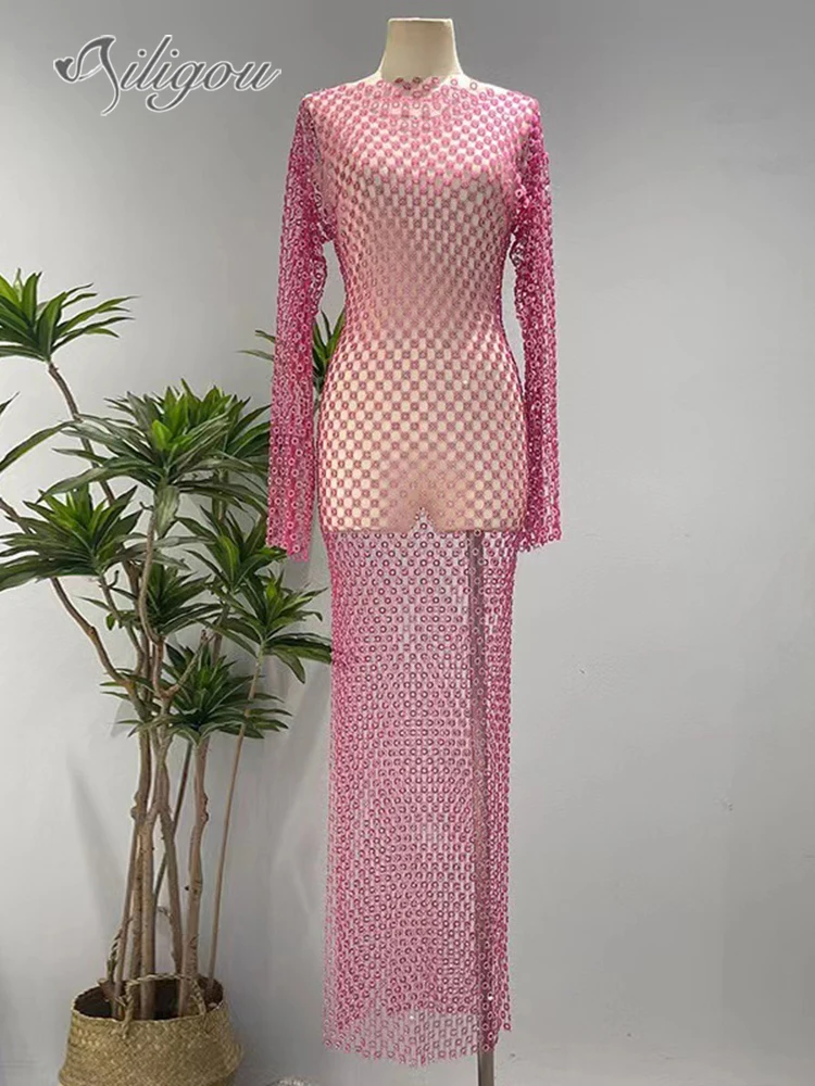 

Ailigou 2023 New Summer Women's High Quality Luxury Mesh Diamond Sexy Long Sleeve Dress Elegant Celebrity Party Evening Dress