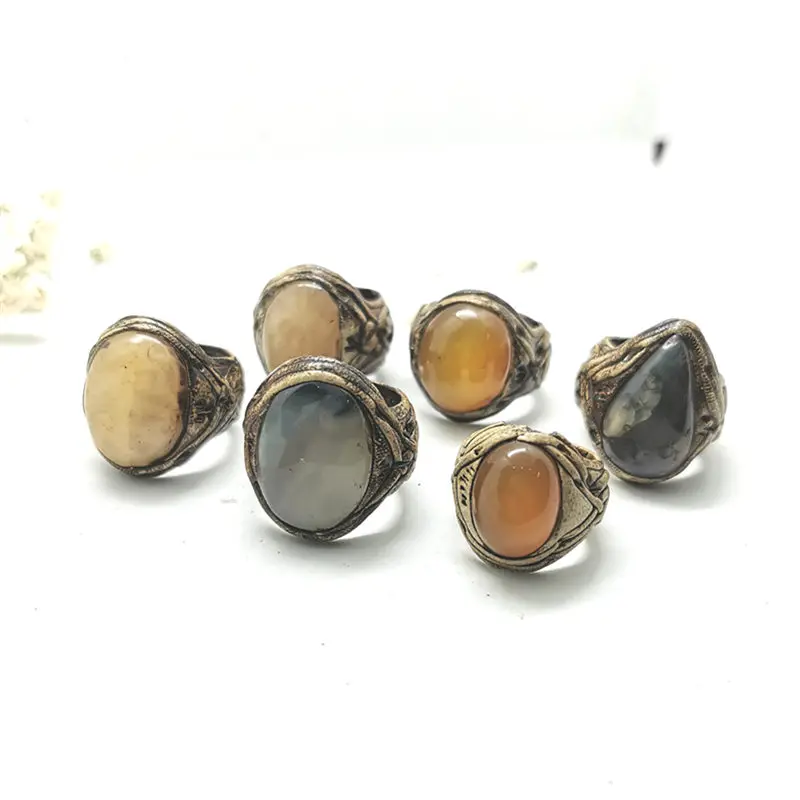 Vintage Ethnic Handmade Clay Rings Inlaid Natural Stone Lovely Rings Crystal Agates Labradorite R037