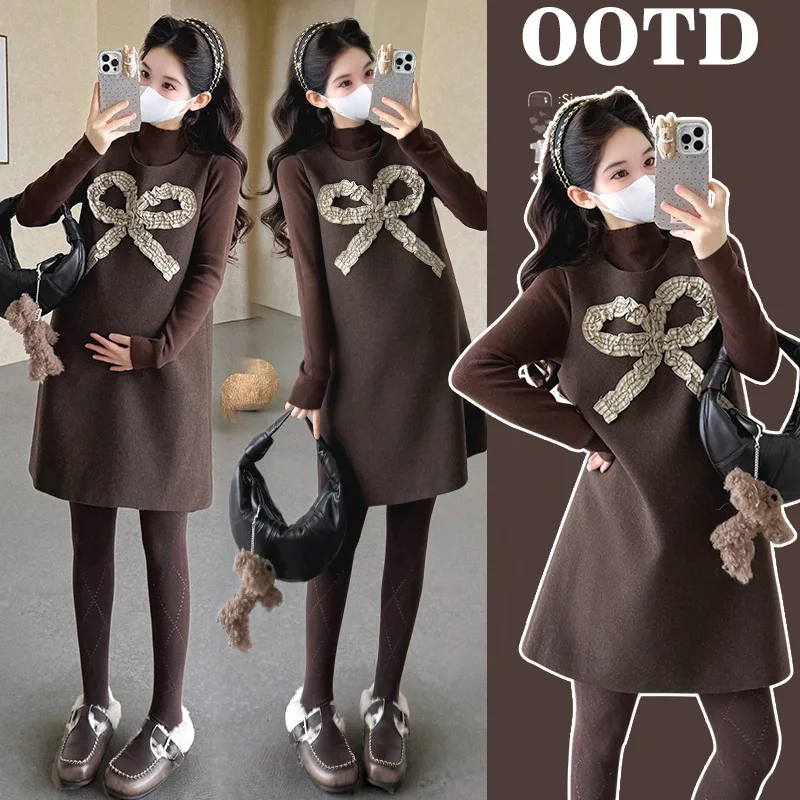 Maternity Suit Spring Autumn French Style Cute Elegant Loose Comfortable Bow Vest Dress and Turtleneck Base Top Two Piece Set