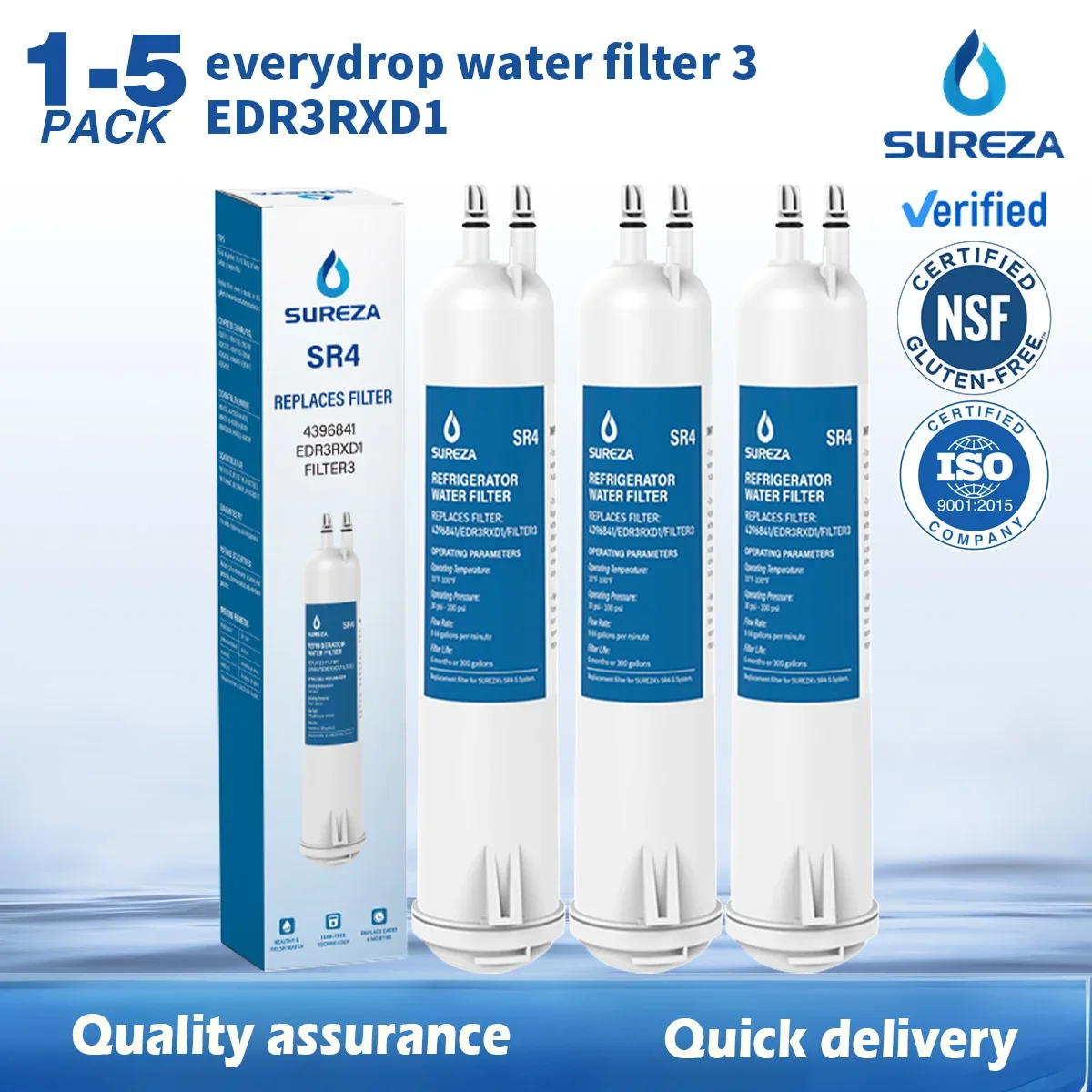 

Replace EDR3RXD1 Water Filter Compatible with EveryDrop Filter 3 Whirlpool 4396841 4396710 Kenmore 9030,46-9083 by SUREZA,1-5Pcs