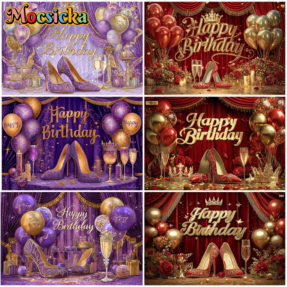 

Mocsicka Happy Birthday Background Photography Baby Shower Girl Princess Photo Backdrop Purple Red High Heels Decor Party Banner