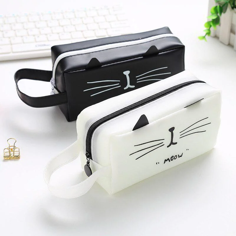 

Pencil Case Silica Gel Cute School Supplies Stationery Gift Simple Black and White Cartoon Zipper Pen Bag