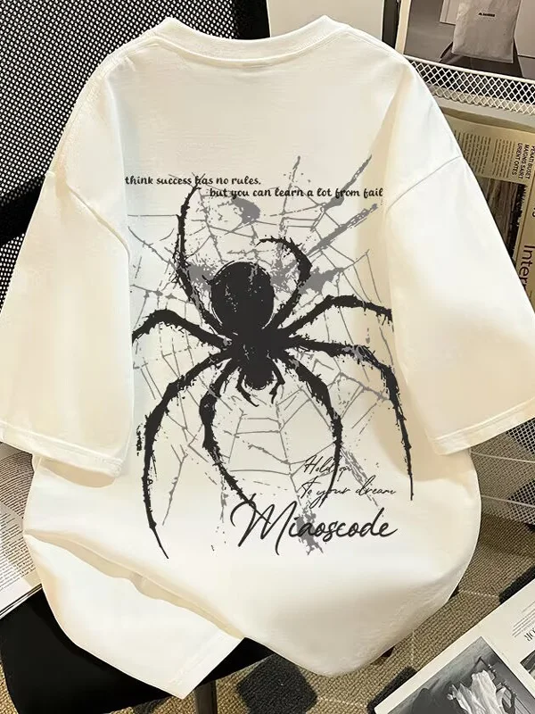 

American Retro High Street Spider Letter Loose Trendy Retro Summer T-shirt 100% Cotton Cool Versatile Adult Men's Daily Use Soft